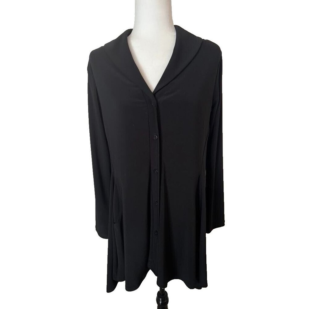 SYMPLI Tunic Top Size 6 Black Lined Collared Heavy Knit Side Pockets Button Up